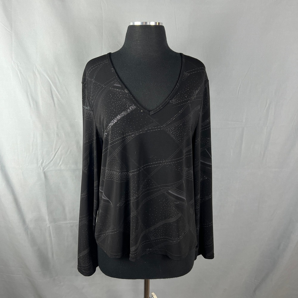 Vintage Western Connection Blouse Top XL Black Silver Glitter Geometric V Neck